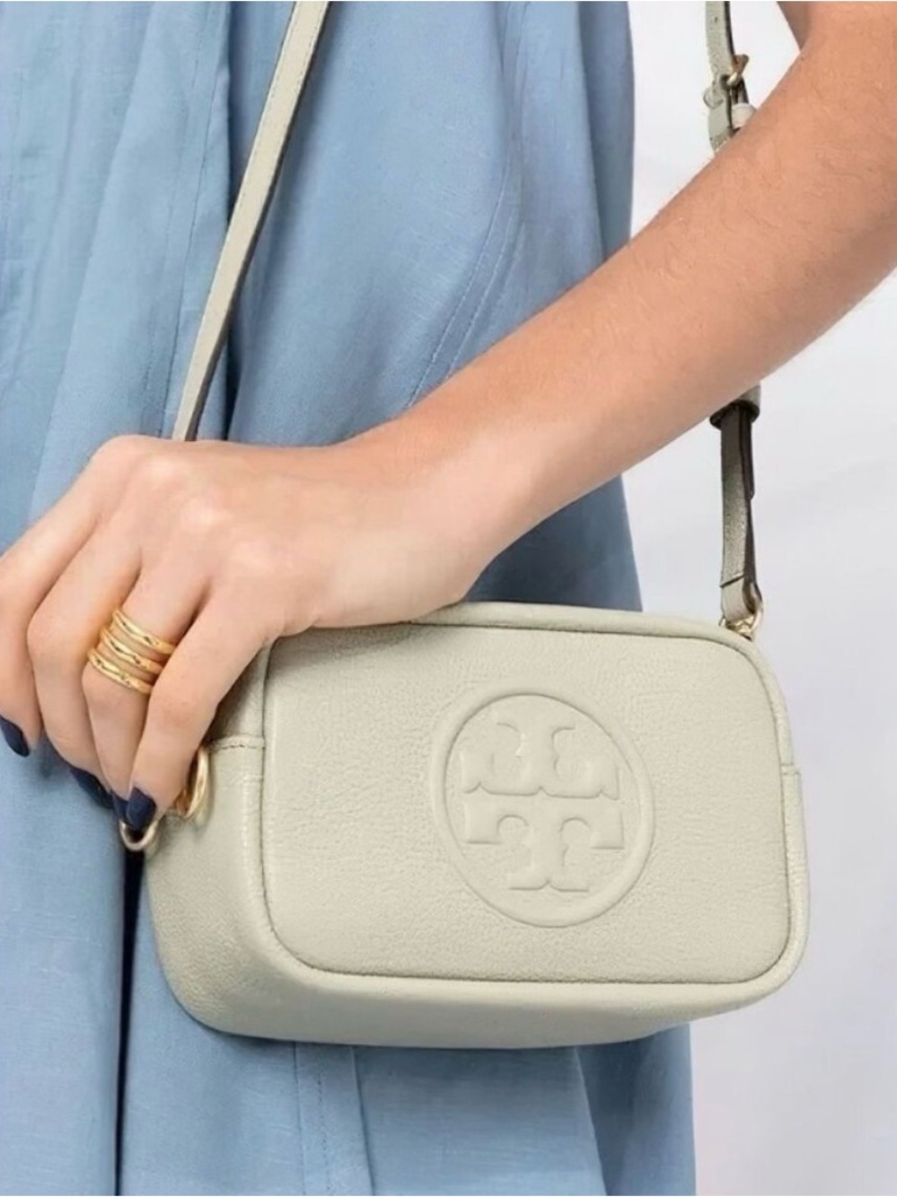 Tory Burch Perry Bombé Mini Leather Camera Bag Crossbody White Gold